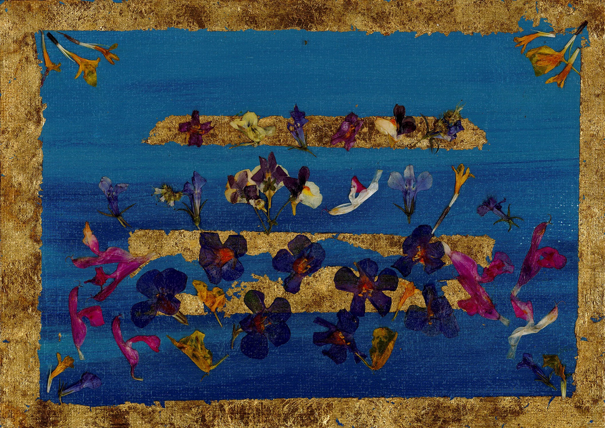 "Postcard to Paris" flowers, acrylic and gold on flat 5x7-inch canvas