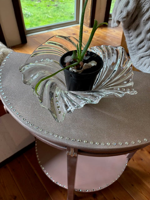SOLD Rhinestone and crystal-encrusted pink table.