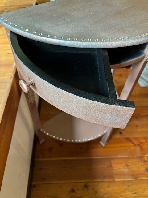 SOLD Rhinestone and crystal-encrusted pink table.