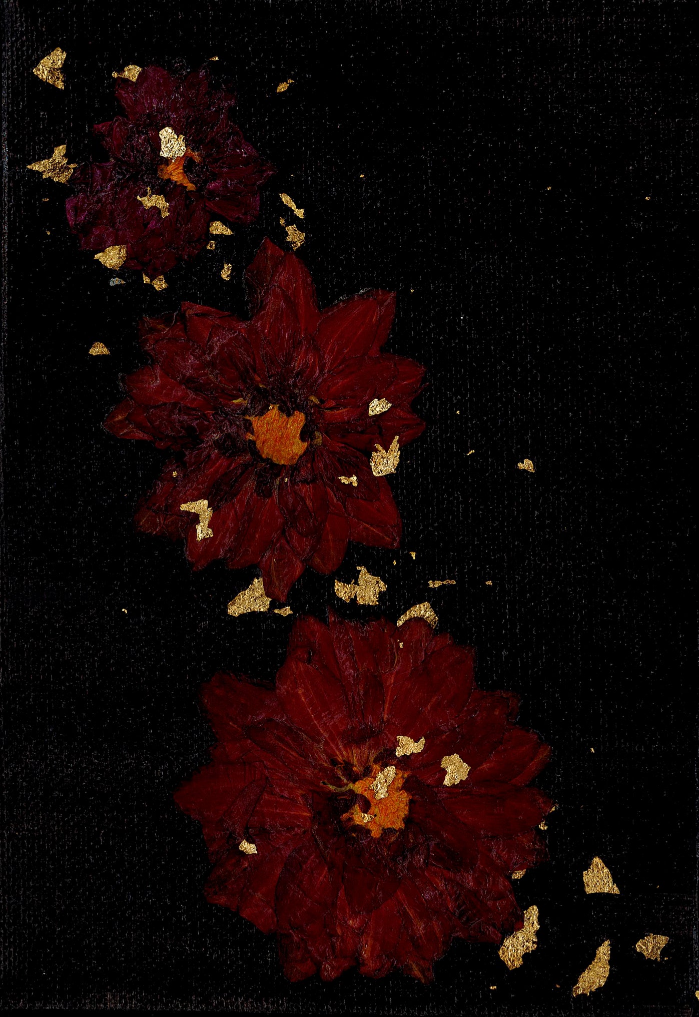 "Red Dahlias at Midnight" flowers and gold