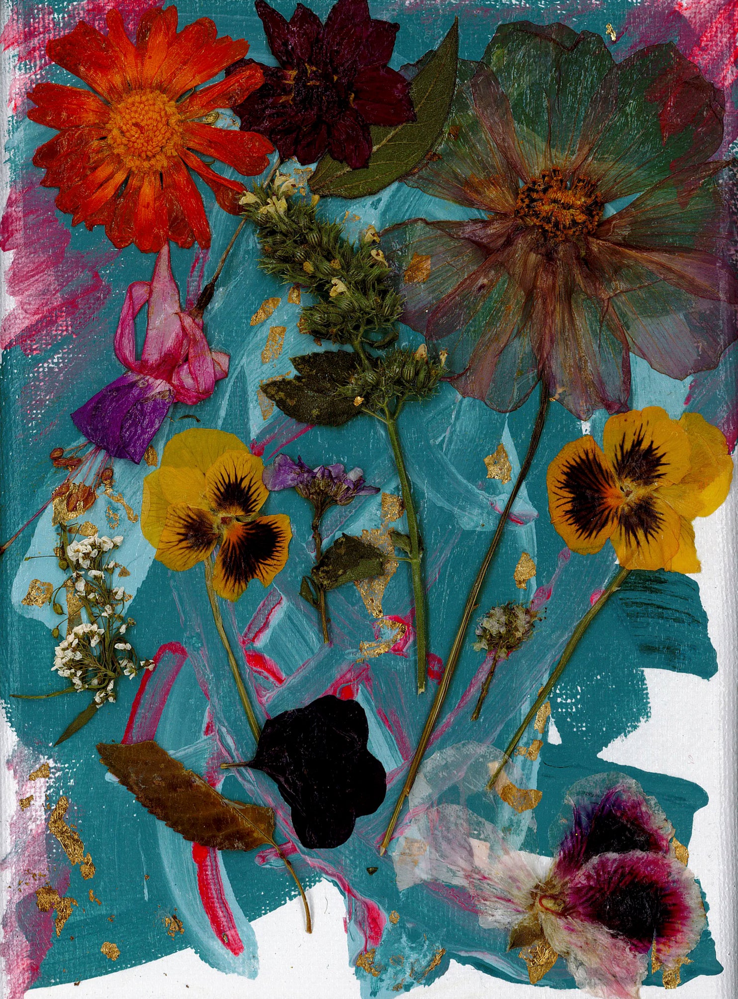 "Sunset in a summer garden" 7x5-inch acrylic, flowers and gold on stretched canvas